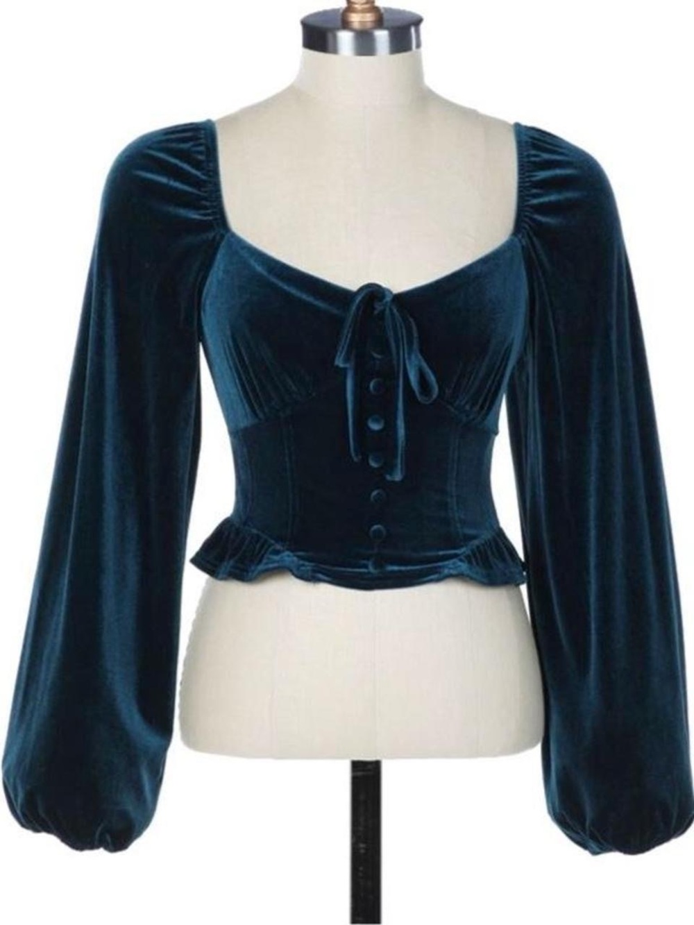 Blu Pepper Black Velvet Corset Style Button &Tie Front Top w Long Puff Sleeves L